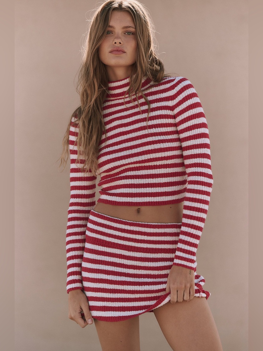 Free People Red and White Striped Knit Mini Skirt set NWOT plastic tags attached